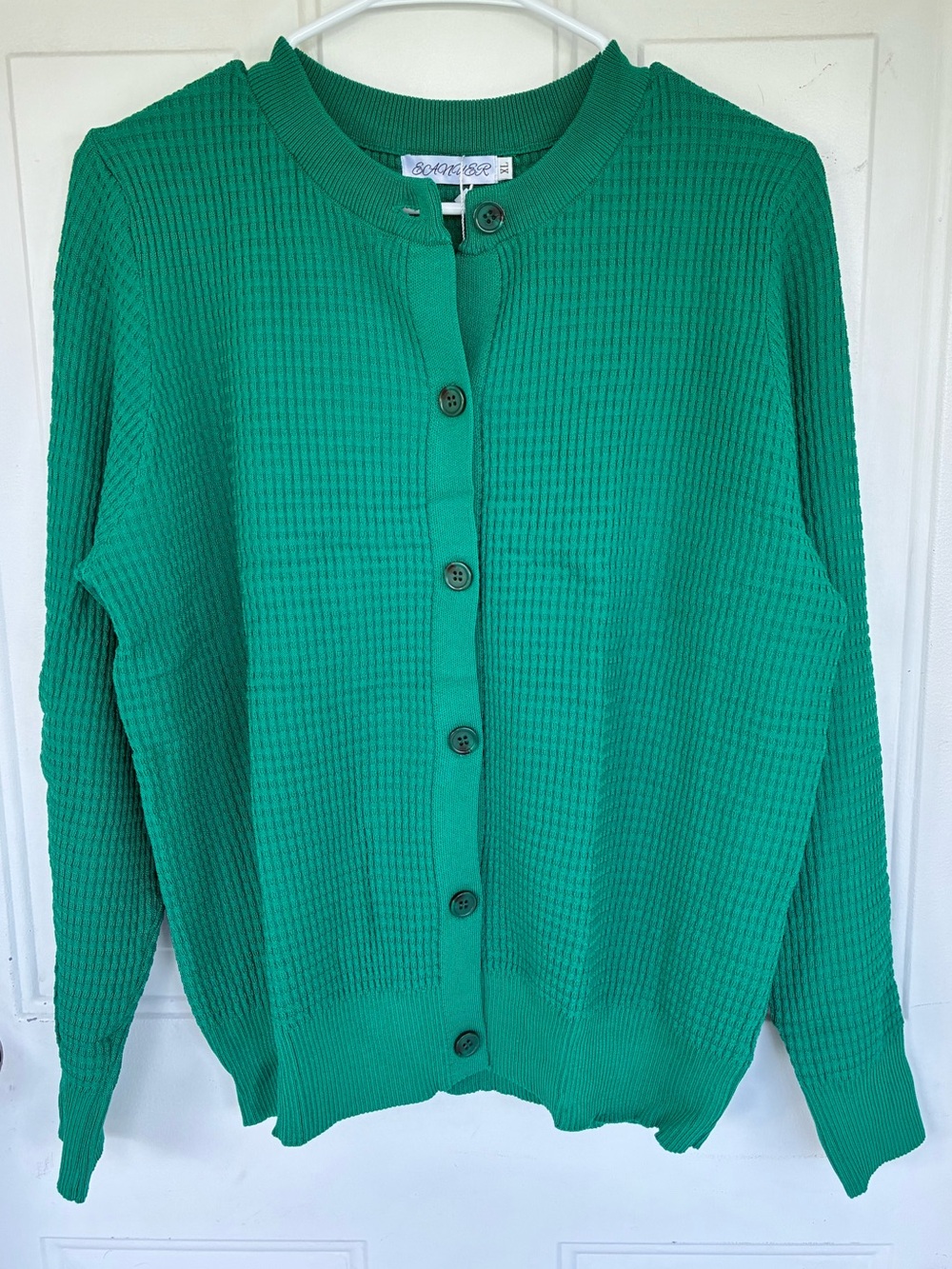 Women’s Kelly Green Waffle Knit Crew Neck Cardigan Sweater Size XLarge New